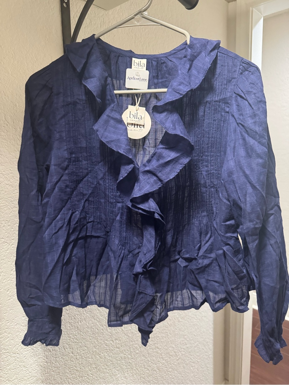 Bila Navy Ruffle Front Pintuck Blouse